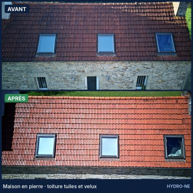Toiture tuiles et velux Avant et après démoussage d'une toiture en tuiles avec velux, maison en pierre