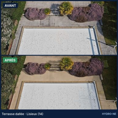 Terrasse dallée · Lisieux (14) Avant et après nettoyage d'une terrasse dallée autour d'une piscine à Lisieux